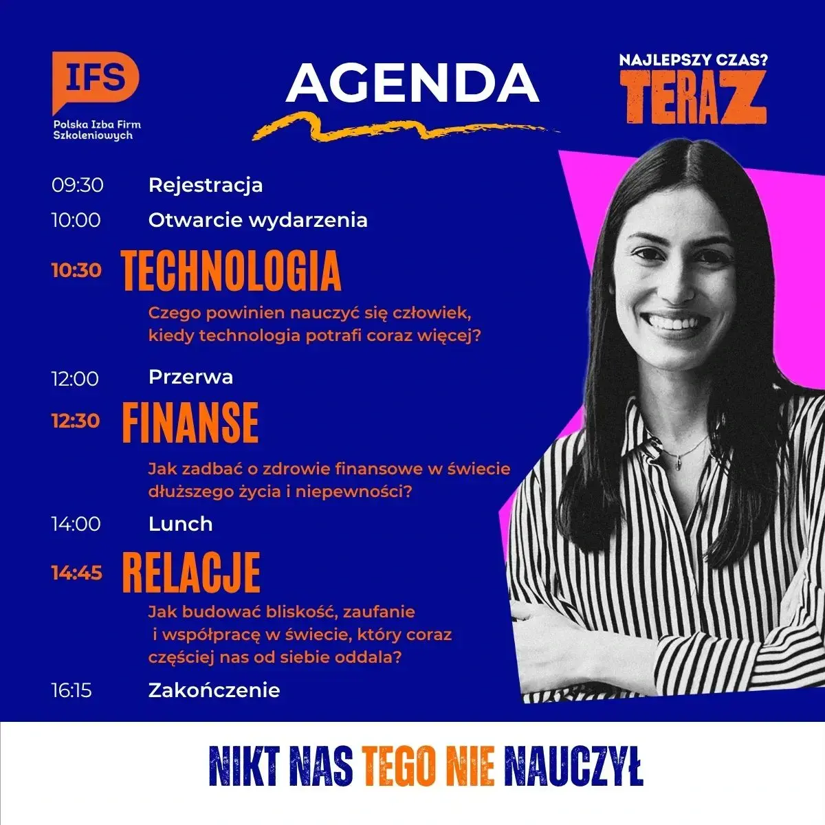 Agenda konferencji: rejestracja od 09:30, otwarcie o 10:00, bloki Technologia, Finanse i Relacje, zakończenie o 16:15